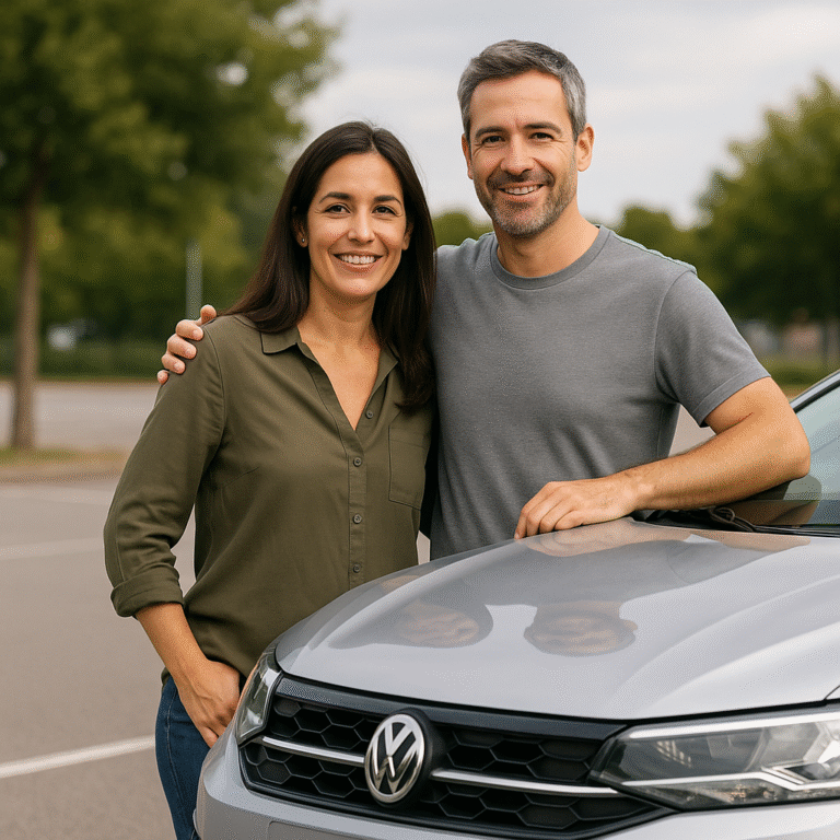 Hombre y mujer abrazados, sonrientes, después de contratar sus seguros con Fintonic